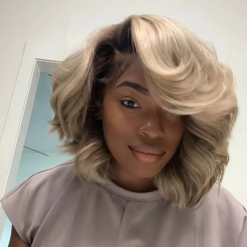 Colored wig with a wavy texture for a beachy and fun lookOmbre 613 Blonde Side Part Layered Cut Bob With Brown Root 13x4 Lace Front Wig Colored wig with a wavy texture for a beachy and fun lookOmbre 613 Blonde Side Part Layered Cut Bob With Brown Root 13x4 Lace Front Wig
