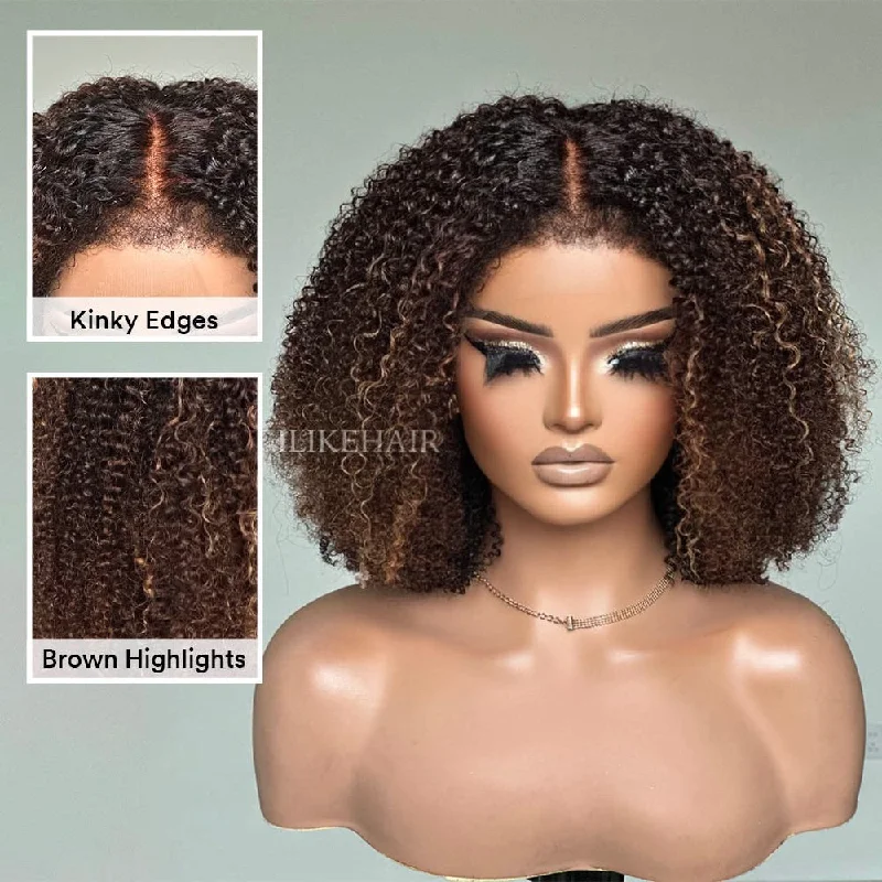 Colored wig with a side - part for a more flattering appearanceOmbre Brown Highlights Kinky Curly With Kinky Edges Bob Wig Colored wig with a side - part for a more flattering appearanceOmbre Brown Highlights Kinky Curly With Kinky Edges Bob Wig