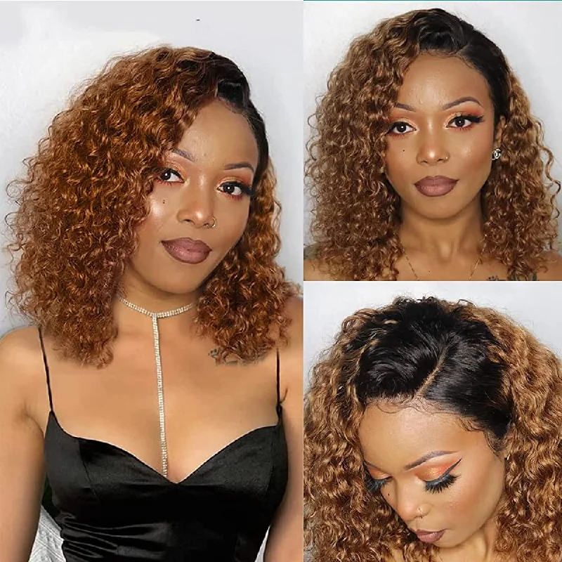 Synthetic colored wig with a heat - resistant formula for easy stylingOmbre Honey Blonde Curly Human Hair Lace Front Wigs 200% Density