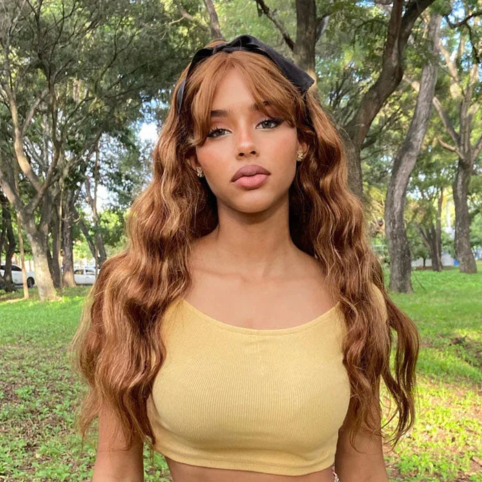 Colored wig with a curly texture for a bold and stylish choice#P4/27 Honey Blond Highlight Body Wave Wig With Curtain Bangs HD Lace Human Hair Wigs Colored wig with a curly texture for a bold and stylish choice#P4/27 Honey Blond Highlight Body Wave Wig With Curtain Bangs HD Lace Human Hair Wigs