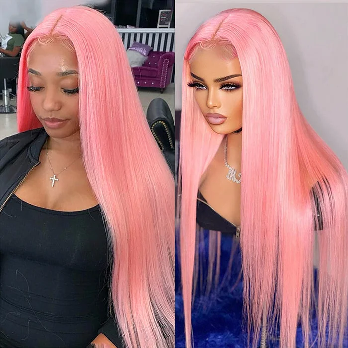 Human - hair wig with a pre - bleached knot for a natural - looking scalpPink Color Straight 13x4 Lace Front Human Hair Wigs For Black Women