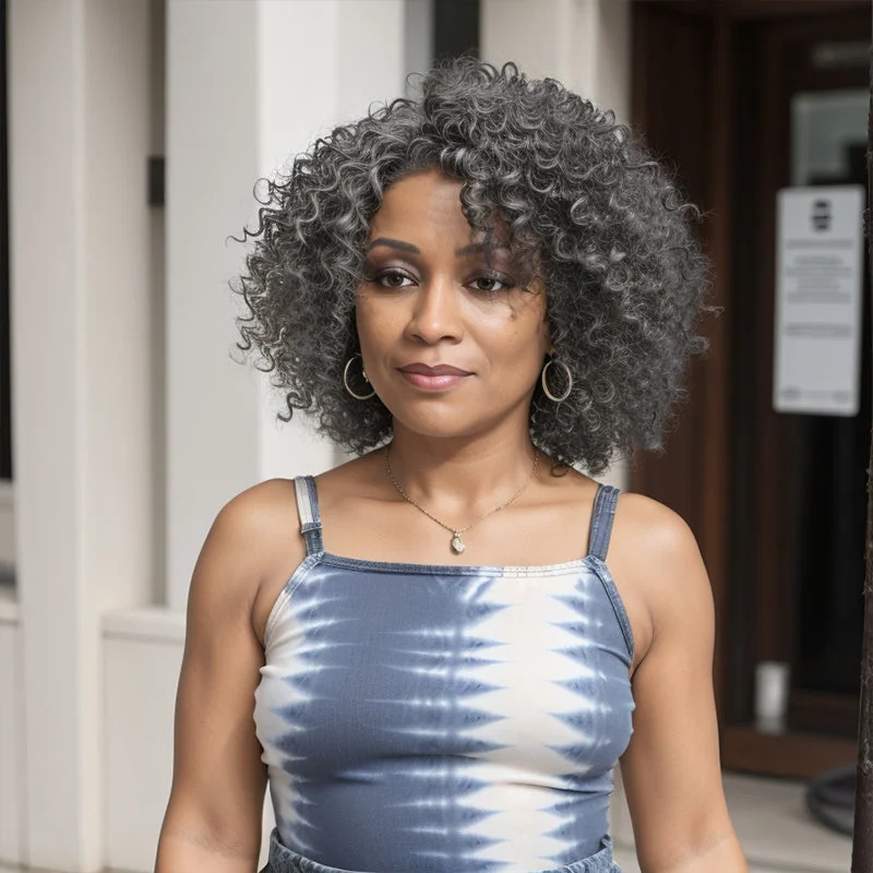Synthetic colored wig with a heat - resistant formula for easy stylingPut On & Go Salt And Pepper Kinky Curly Glueless Human Hair Wigs Synthetic colored wig with a heat - resistant formula for easy stylingPut On & Go Salt And Pepper Kinky Curly Glueless Human Hair Wigs