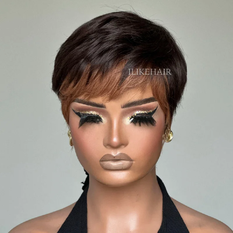 Synthetic colored wig with a heat - resistant formula for easy stylingPut On & Go Short Pixie Cut With Blonde Fringe Glueless Wig
