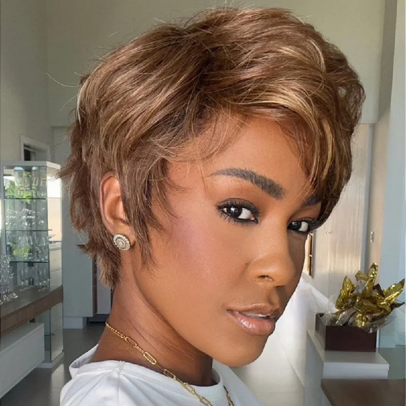 Colored wig with a pre - plucked hairline for a more natural lookPut on & Go Versatile Honey Blonde Pixie Cut Wig Colored wig with a pre - plucked hairline for a more natural lookPut on & Go Versatile Honey Blonde Pixie Cut Wig