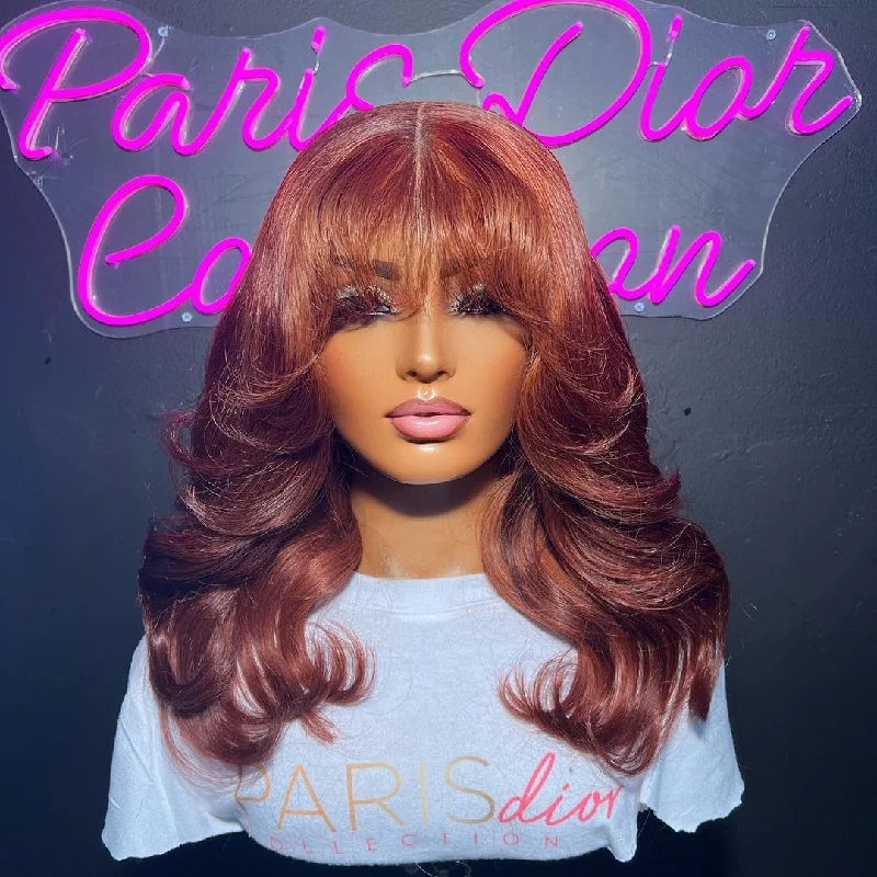 Human - hair lace wig for a luxurious and natural feelReddish Brown Body Wave Lace Wig With Bangs