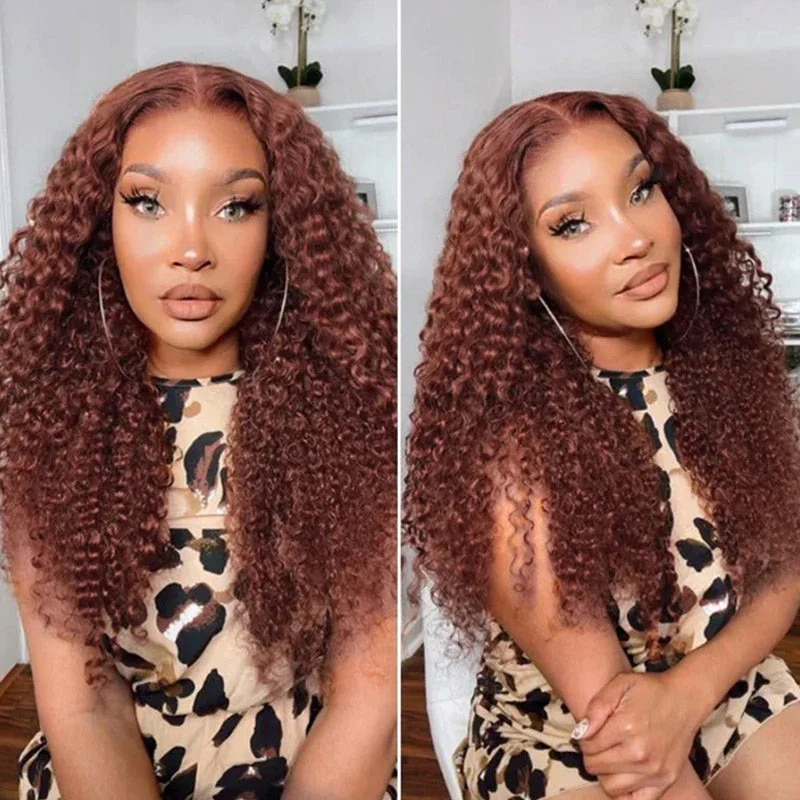 Colored wig with a 150 - density for a full and thick appearanceReddish Brown Jerry Curly 13x4 Lace Front Wig Colored wig with a 150 - density for a full and thick appearanceReddish Brown Jerry Curly 13x4 Lace Front Wig
