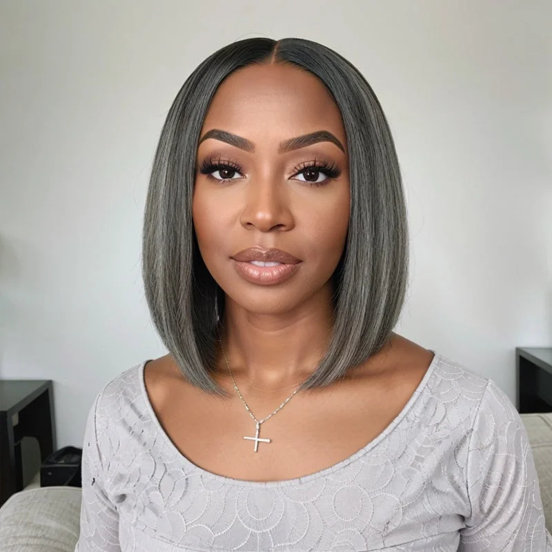 Colored wig with a silver - grey color for a trendy and cool - toned lookSalt and Pepper Highlight Wig Human Hair 5x5 Straight Lace Front Wig Colored wig with a silver - grey color for a trendy and cool - toned lookSalt and Pepper Highlight Wig Human Hair 5x5 Straight Lace Front Wig