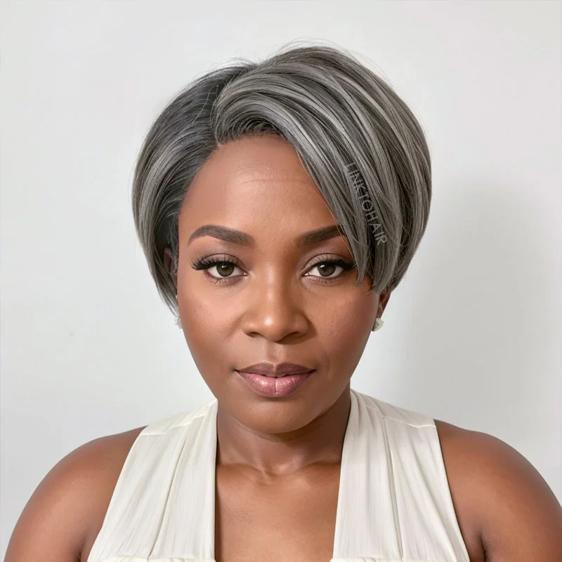 Colored wig with a 150 - density for a full and thick appearanceSalt And Pepper Short Pixie Cut 5x5 Lace C Part Wig 100% Human Hair Colored wig with a 150 - density for a full and thick appearanceSalt And Pepper Short Pixie Cut 5x5 Lace C Part Wig 100% Human Hair
