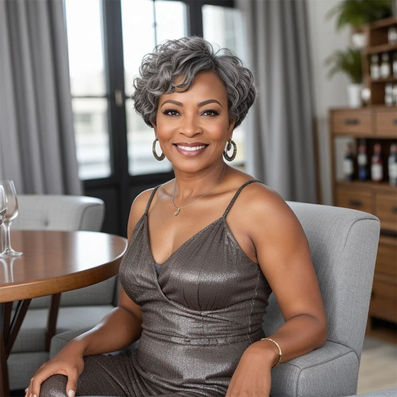 Colored wig with a natural - looking root for a more realistic lookWhole Head Salt And Pepper Short Pixie Cut Glueless Human Hair Wig With Bangs Colored wig with a natural - looking root for a more realistic lookWhole Head Salt And Pepper Short Pixie Cut Glueless Human Hair Wig With Bangs