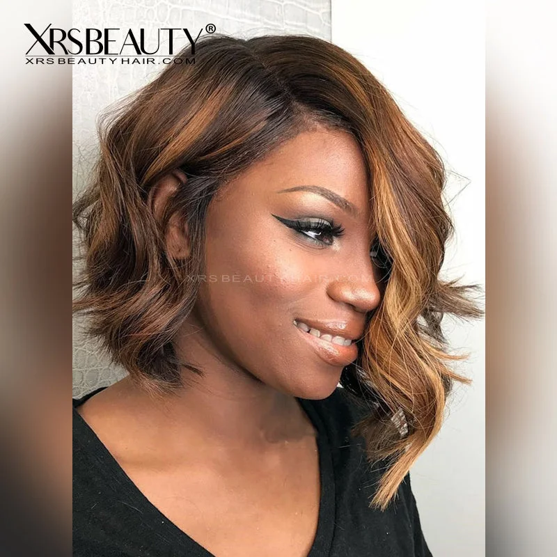 Colored wig with a side - swept bang for a sophisticated look14 Inch Asymmetrical Wavy Bob Caramel Highlights Lace Front Wig [BOB40]