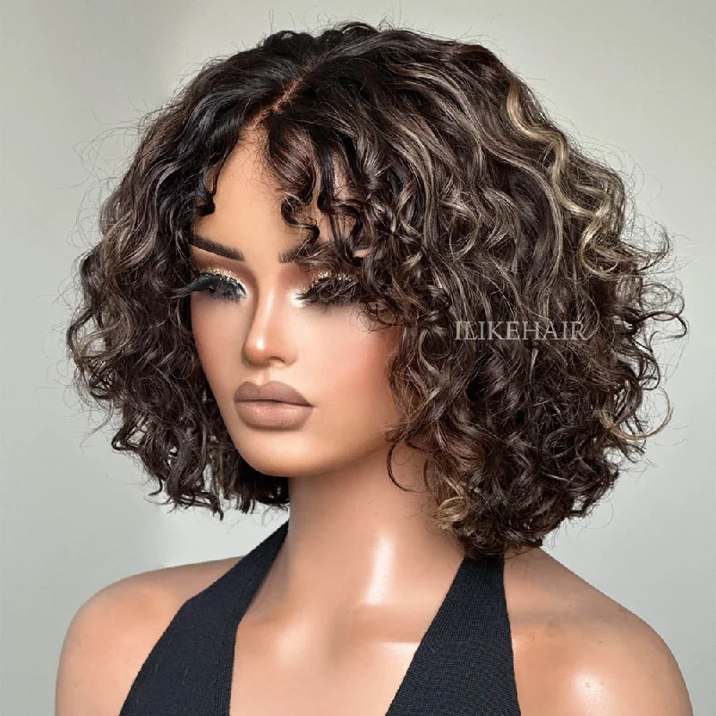 Colored wig with a 150 - density for a full and thick appearanceShort Blonde Highlights Glueless Pixie Curly Lace Closure Wig Colored wig with a 150 - density for a full and thick appearanceShort Blonde Highlights Glueless Pixie Curly Lace Closure Wig