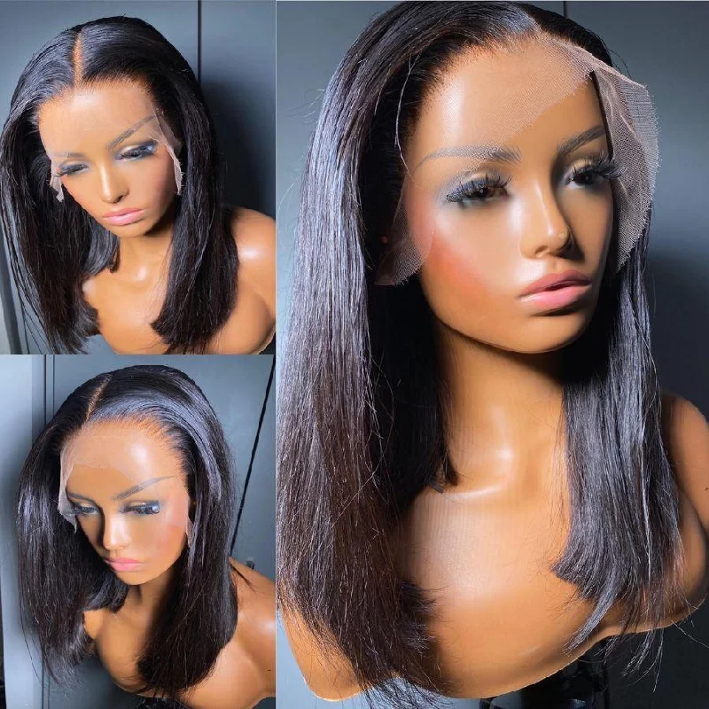 Lace wig with a side - swept bang for a sophisticated lookWOWANGEL Short Bob Wig 13x6 Straight Skinlike Real HD Lace Front Wig
