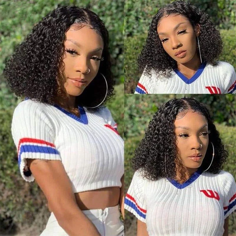 Human - hair wig with a wavy texture for a beachy and relaxed lookShort Curly Bob 4x4 Lace Closure Wig 100% Virgin Human Hair
