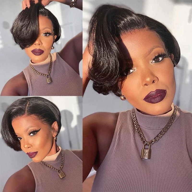 Human - hair wig with a pre - plucked hairline for a more natural lookShort Pixie Cut Lace Wig 6 Inch 180% Density Straight Bob Wigs
