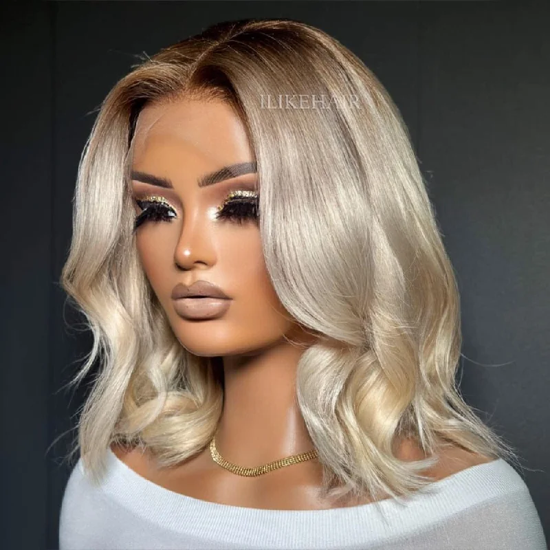 Colored wig with a silk - base cap for a comfortable and smooth feelShoulder Length Blonde Wavy Dark Roots 13x4 Lace Front Wig Colored wig with a silk - base cap for a comfortable and smooth feelShoulder Length Blonde Wavy Dark Roots 13x4 Lace Front Wig