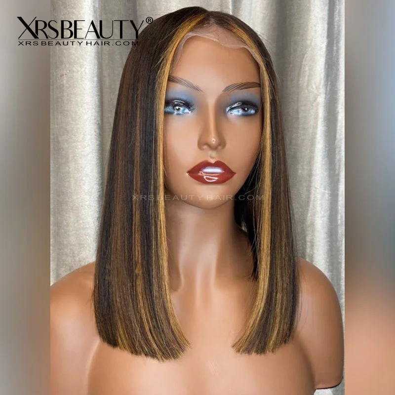 Colored wig with a red - orange hue for a warm and energetic lookShoulder Length Caramel Brown Lace Front Bob Wig with Blonde Highlights [BOB53]