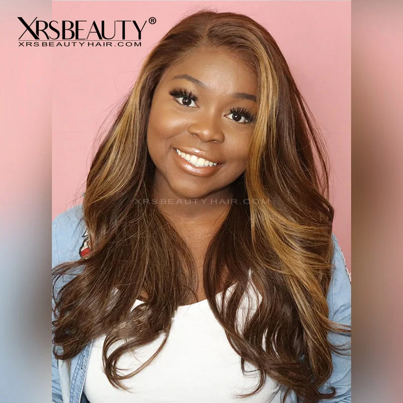 Colored wig with a red - orange hue for a warm and energetic lookSide Part Wavy Brown Hair with Blonde Highlights Lace Front Wig [CFW80]