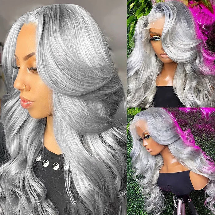 Virgin - human - hair wig with a natural - looking texture for a luxurious feelSilver Grey Body Wave Lace Front Wig 13x4 Lace Frontal Human Hair Wigs Transparent Brazilian Colored Wigs For Women Hair