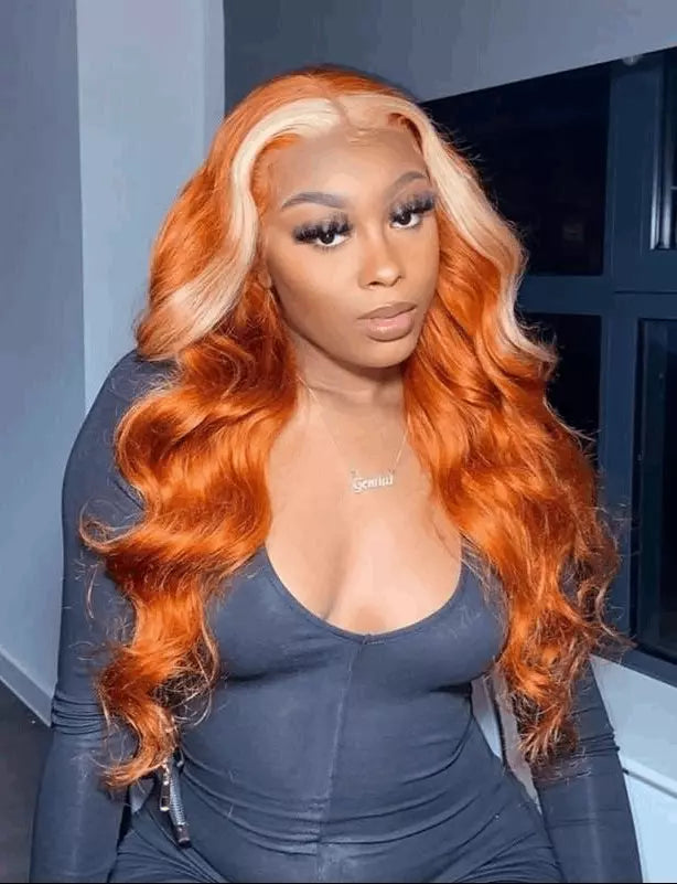 Adjustable - cap colored wig for a comfortable fitSimidola Ginger Orange With Blonde Streaks Color Body Wave Wig Adjustable - cap colored wig for a comfortable fitSimidola Ginger Orange With Blonde Streaks Color Body Wave Wig