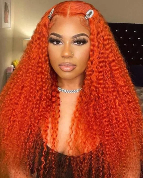 Colored wig with a side - swept bang for a sophisticated lookSimidola Pumpkin Orange Kinky Curly Lace Front Wig Colored wig with a side - swept bang for a sophisticated lookSimidola Pumpkin Orange Kinky Curly Lace Front Wig