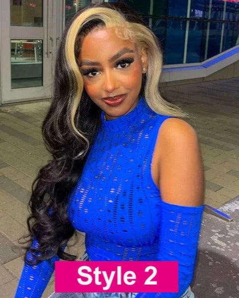 Colored wig with a 150 - density for a full and thick appearanceSimidola Red/ Blue Skunk Stripe Body Wave Human Hair Wigs Colored wig with a 150 - density for a full and thick appearanceSimidola Red/ Blue Skunk Stripe Body Wave Human Hair Wigs