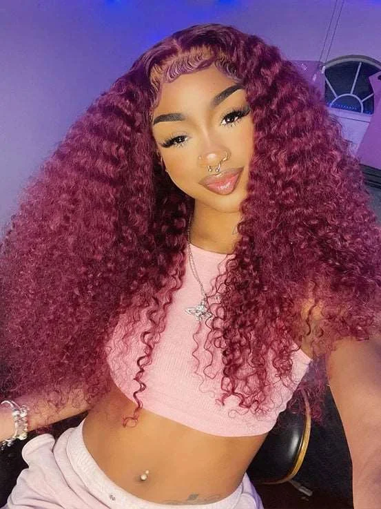 Colored wig with a side - part for a more flattering appearancePre-Plucked | Simidola 99J Wear Go 4x6 Lace Kinky Curly Wig Colored wig with a side - part for a more flattering appearancePre-Plucked | Simidola 99J Wear Go 4x6 Lace Kinky Curly Wig