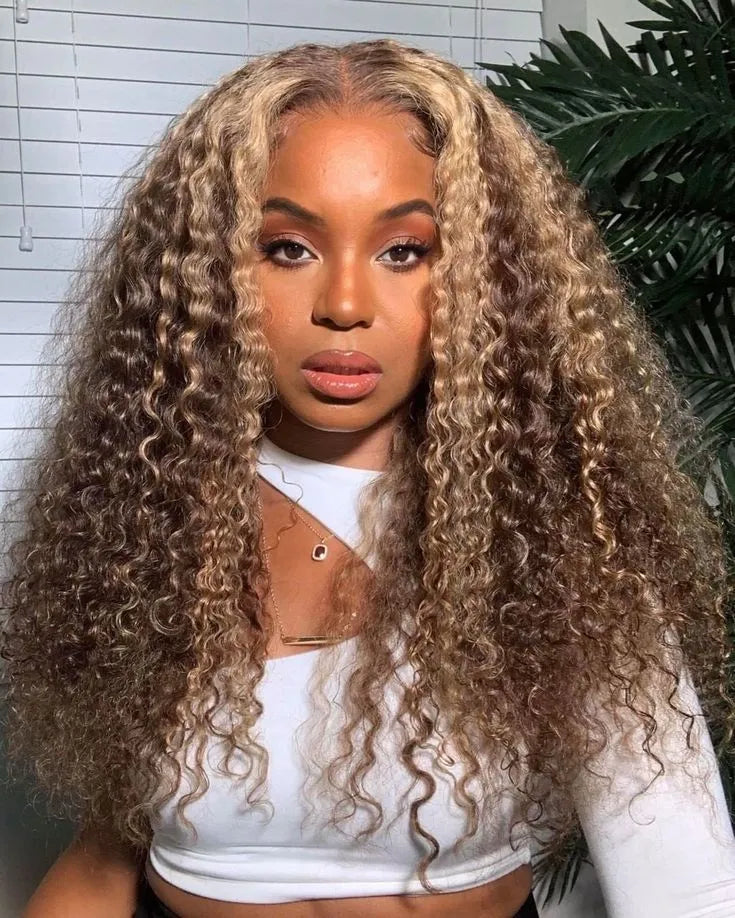 Colored wig with a blue - green ombre effect for a unique and trendy appearanceSimidola Splendid Highlight Brown Deep Wave Lace Frontal Wig