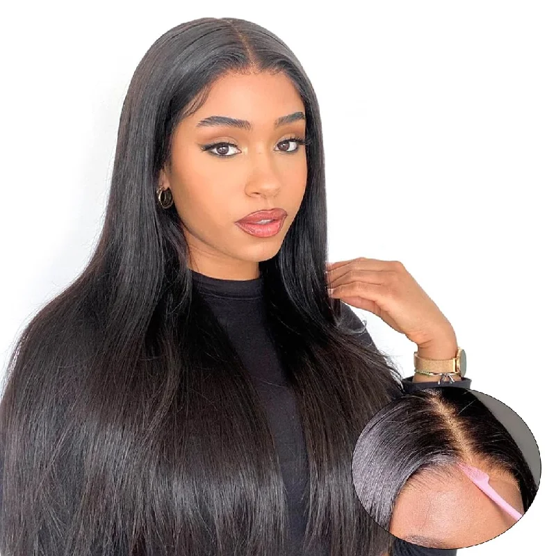 Human - hair wig with a wispy fringe for a soft and feminine lookBrennas Straight 7x5 HD Lace Front Human Hair Pre Plucked Bleached Knots Easy and Go Glueless Wigs for Black Women