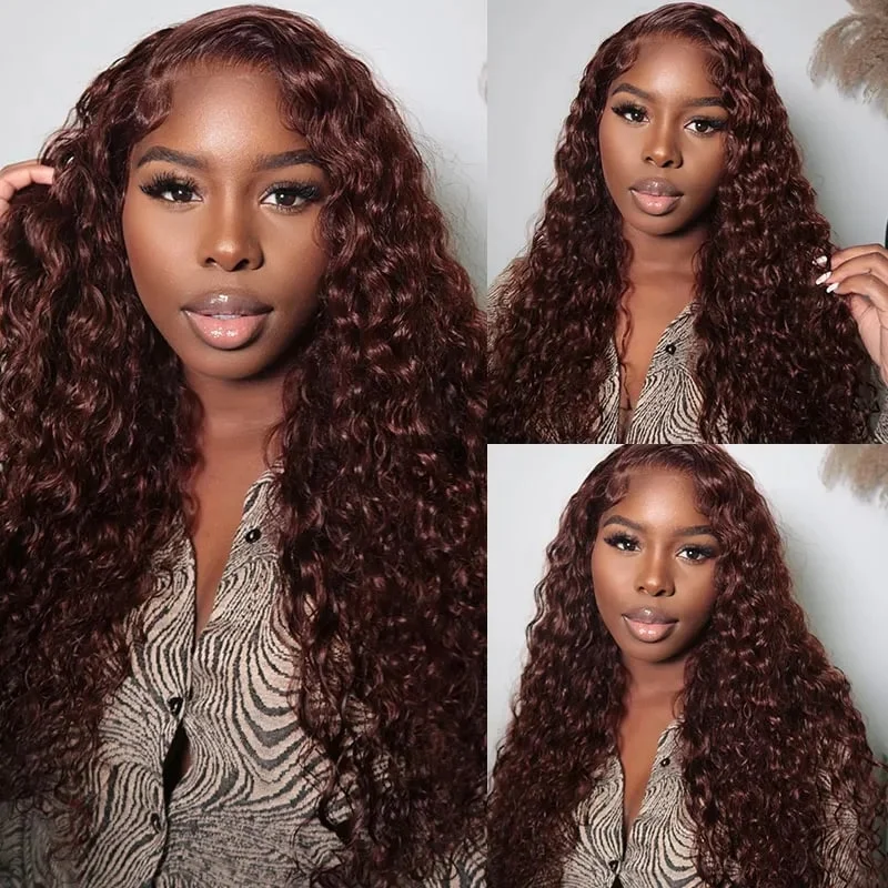 Colored wig with a natural - looking root for a more realistic look#33B Auburn Color Reddish Brown Water Wave & Body Wave Human Hair Wigs 13x4 Glueless HD Lace Front Wigs Colored wig with a natural - looking root for a more realistic look#33B Auburn Color Reddish Brown Water Wave & Body Wave Human Hair Wigs 13x4 Glueless HD Lace Front Wigs