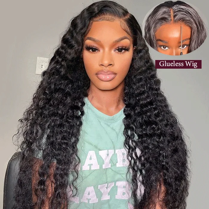 Human - hair wig in a jet - black color for a classic and timeless lookWear And Go-Deep Wave HD Glueless Human Hair Pre Cut Lace Wig