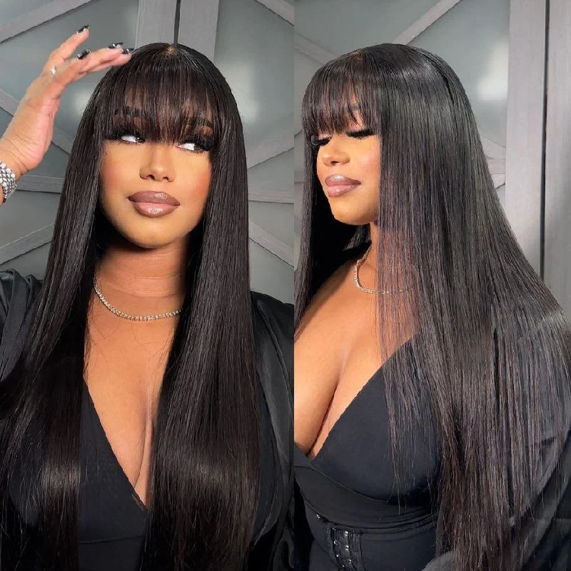 Lace wig with a side - swept bang for a sophisticated lookWOWANGEL Fringe Straight HD Lace Wear & Go Wig With Bangs Glueless Closure Wigs