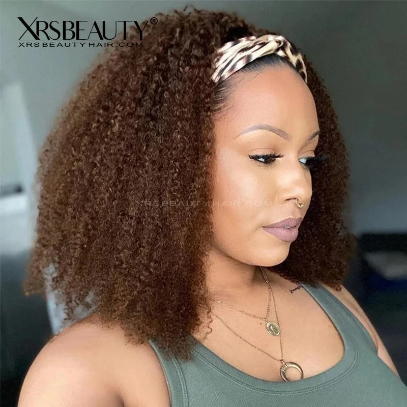 Colored wig in a vibrant pink color for a bold and eye - catching look180% Density #4 Color Kinky Curly Headband Wig Glueless Human Hair Wig Affordable [HBW18]