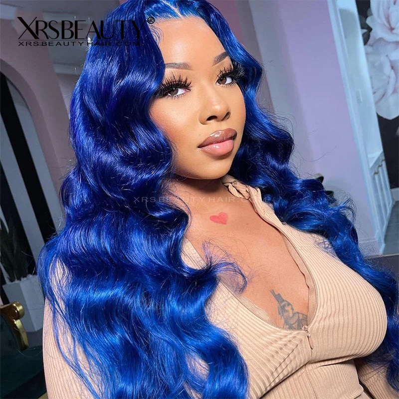 Colored wig with a purple - violet shade for a regal and elegant lookBlue Lace Front Wig Body Wave Virgin Human Hair Pre plucked Natural Hairline [CFW51]