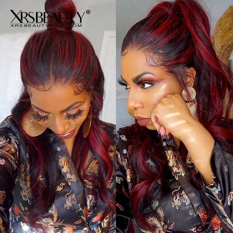 Colored wig with a purple - violet shade for a regal and elegant lookBlack Hair With Red Highlights Body Wave Lace Front Wig [CFW49]