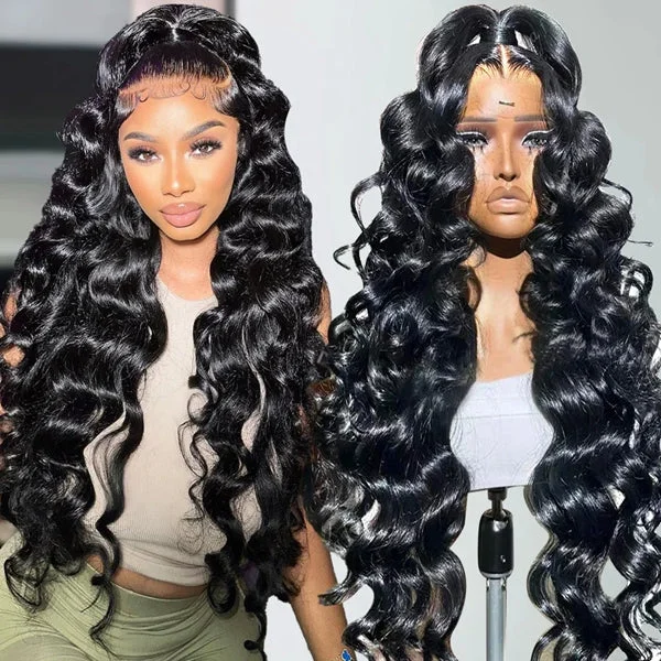 Wavy wig in a chocolate - brown color for a rich and warm appearanceLolly Loose Deep Wave 13x4 HD Glueless Lace Front Wig Pre Plucked Bleached Knots Ready to Wear Lace Frontal Human Hair Wigs