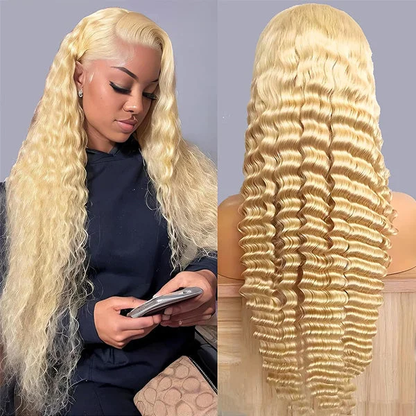 Wavy wig with a 180 - density for a full and thick appearance30 Inch 613 Blonde Lace Front Wig Deep Curly 13x4 HD Lace Front Human Hair Wigs
