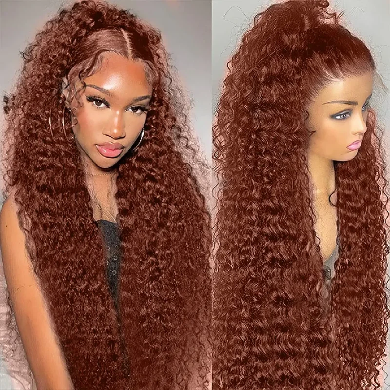 Wavy wig with auburn undertones for a unique and eye - catching color#33 Colored 13x4 Lace Frontal Reddish Brown Deep Curly Human Hair Wigs 4x4 & 5x5 Lace Closure Wigs Wavy wig with auburn undertones for a unique and eye - catching color#33 Colored 13x4 Lace Frontal Reddish Brown Deep Curly Human Hair Wigs 4x4 & 5x5 Lace Closure Wigs
