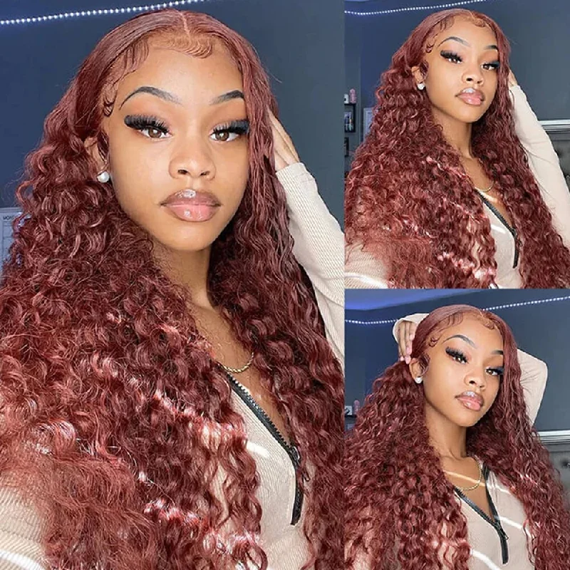Wavy wig with a natural - looking root for a more realistic look#33 Reddish Brown Deep Curly 13x4/4x4/5x5 Closure Lace Mid Part Long Wig 100% Human Hair Wavy wig with a natural - looking root for a more realistic look#33 Reddish Brown Deep Curly 13x4/4x4/5x5 Closure Lace Mid Part Long Wig 100% Human Hair