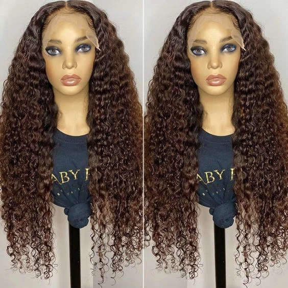 Human - hair wavy wig for a natural and luxurious feel#4 Dark Brown Wig Deep Wave Lace Front Wigs Pre-plucked Human Hair Luxurious Customization