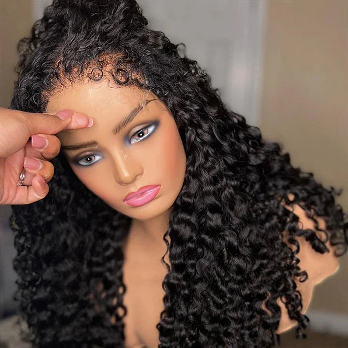 Wavy wig with a wavy bang for a trendy and modern style4C Edges Deep Wave Kinky Edges Free Parting Glueless 13x4 HD Lace Front Wig