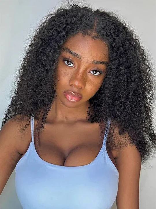 Wavy wig with a middle - part for a classic and elegant style[4C Wig] Bleached Knots 360 Lace Frontal Wig Deep Wave With Kinky Curly Edge Hairline