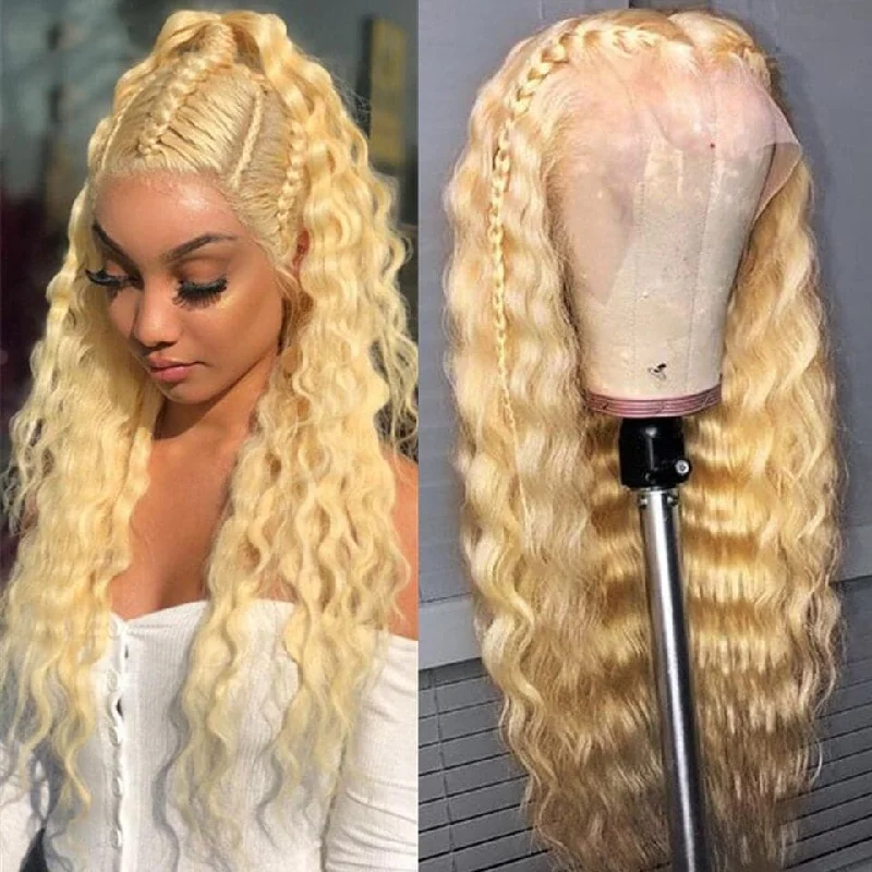 Synthetic wavy wig with a heat - friendly formula613 Blonde Deep Wave 13X4 Lace Front Wig Human Hair For Women PrePlucked