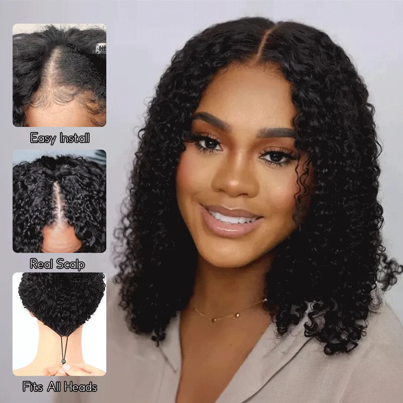 Lace - front wavy wig for a realistic hairlinePull Go Wig | Deep Wave Curly Glueless Bob V Part Wig Beginner Friendly Natural Scalp Thick Human Short Hair Ashimaryhair