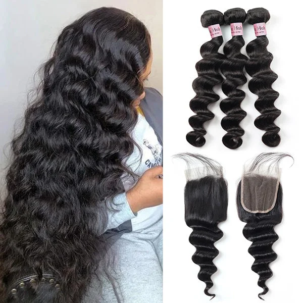 Wavy wig with a water - wave texture for a unique and stylish choiceBrazilian Hair 3 Bundles Loose Deep Wave With 4*4 Lace Closure