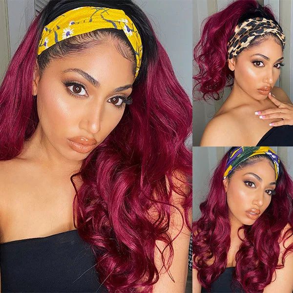 Burgundy Color Headband Wig Affordable Body Wave Wig