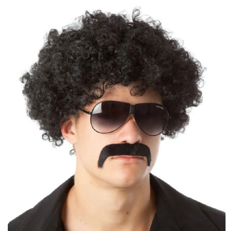 Long - length wig with a platinum - blonde color for a bold and trendy lookBuy 70s Fro and Mo Set Black Long - length wig with a platinum - blonde color for a bold and trendy lookBuy 70s Fro and Mo Set Black