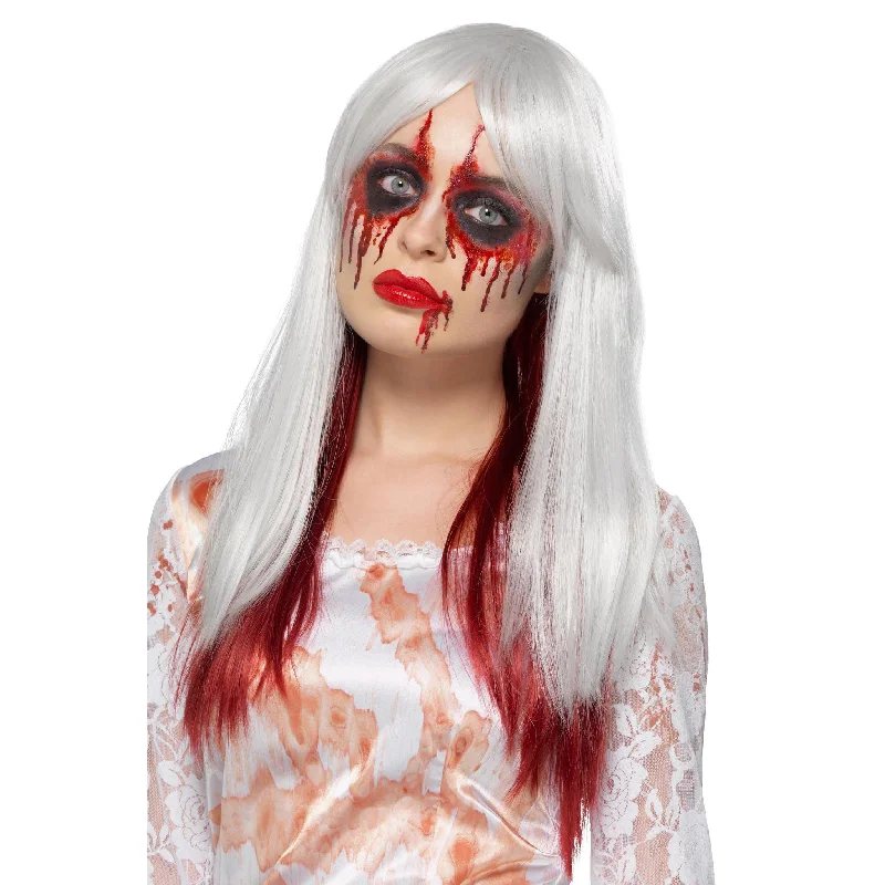 Long - length wig with a curly fringe for a playful and youthful vibeBuy Blood Drip Ombre Wig White and Red Long - length wig with a curly fringe for a playful and youthful vibeBuy Blood Drip Ombre Wig White and Red