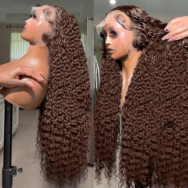 Ombre wavy wig with a seamless color blendLolly Chocolate Brown Curly Wigs 13x4 HD Lace Front Wig 30 Inch Pre Plucked Deep Curly #4 Colored Human Hair Lace Frontal Wigs For Women