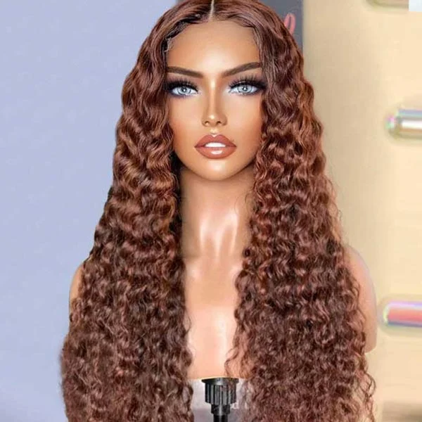 Wavy wig with a wavy bang for a trendy and modern styleCopper Brown Wig Deep Wave Frontal Wig Luxurious Customization