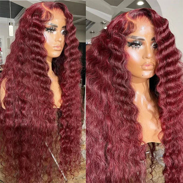 Wavy wig with a 180 - density for a full and thick appearance13*4 13*6 Loose Deep Wave 99J Burgundy Curly Wig Frontal Wigs Ashimary Virgin Hair Front Wigs
